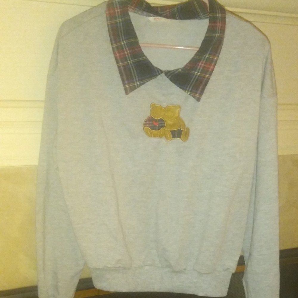 ROMWE TEDDY BEAR PLAID COLLAR GRAY OVERSIZED SWEATSHIRT